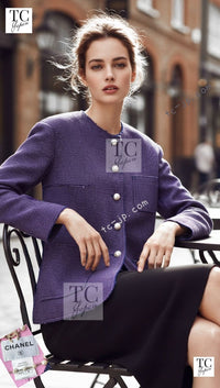 CHANEL 13S Indigo Navy Purple Pink Pearl Big CC Button Tweed Jacket Coat 38 シャネル インディゴ ネイビー パープル ピンク パール ビッグ CC ボタン ノーカラー ツイード ジャケット コート