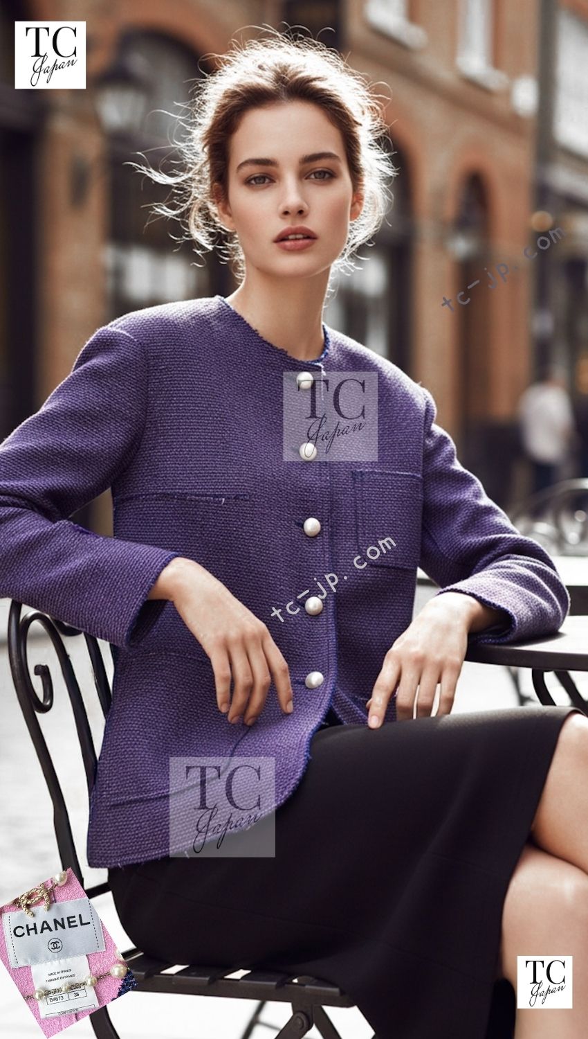 CHANEL 13S Indigo Navy Purple Pink Pearl Big CC Button Tweed Jacket Coat 38 シャネル インディゴ ネイビー パープル ピンク パール ビッグ CC ボタン ノーカラー ツイード ジャケット コート