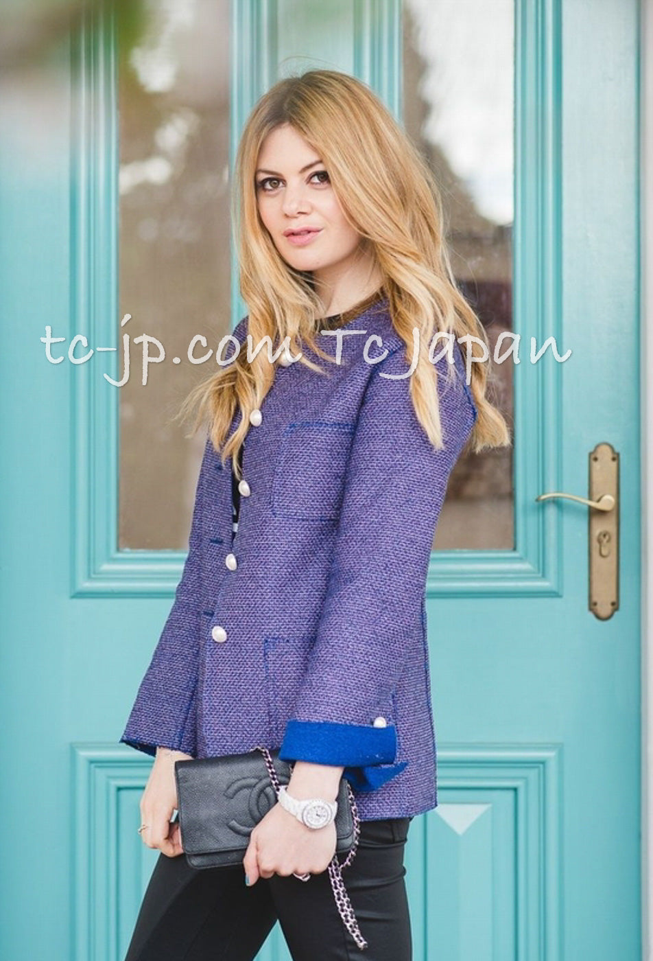 CHANEL 13S Indigo Navy Purple Pink Pearl Big CC Button Tweed Jacket Coat 38 シャネル インディゴ ネイビー パープル ピンク パール ビッグ CC ボタン ノーカラー ツイード ジャケット コート