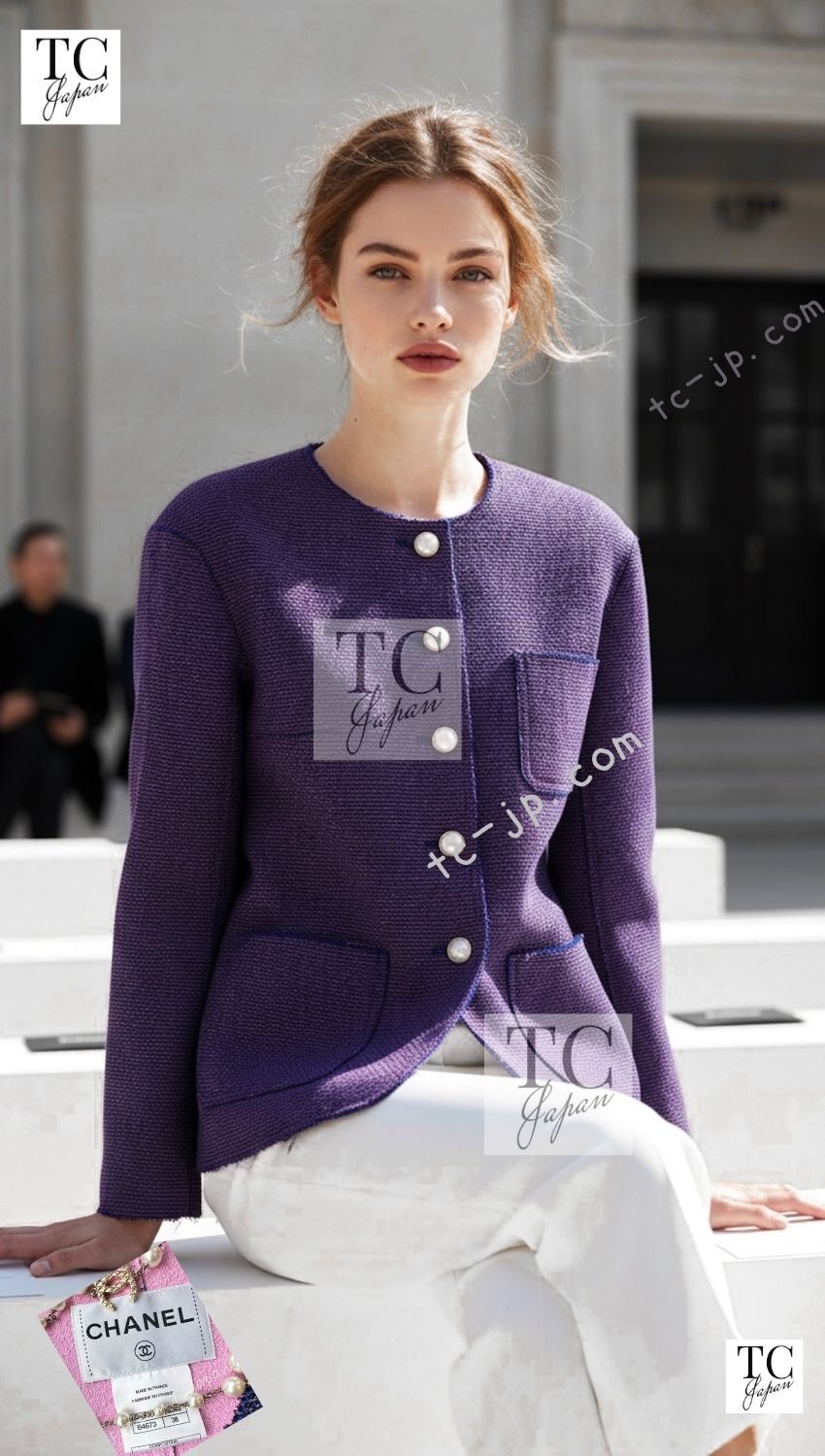 CHANEL 13S Indigo Navy Purple Pink Pearl Big CC Button Tweed Jacket Coat 38 シャネル インディゴ ネイビー パープル ピンク パール ビッグ CC ボタン ノーカラー ツイード ジャケット コート