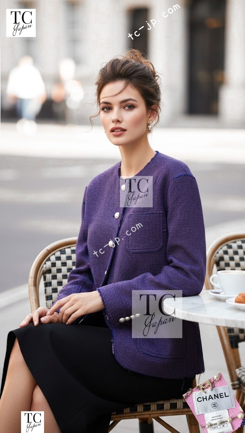 CHANEL 13S Indigo Navy Purple Pink Pearl Big CC Button Tweed Jacket Coat 38 シャネル インディゴ ネイビー パープル ピンク パール ビッグ CC ボタン ノーカラー ツイード ジャケット コート