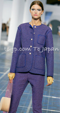 CHANEL 13S Indigo Navy Purple Pink Pearl Big CC Button Tweed Jacket Coat 38 シャネル インディゴ ネイビー パープル ピンク パール ビッグ CC ボタン ノーカラー ツイード ジャケット コート - TC JAPAN