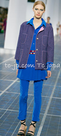 CHANEL 13S Indigo Navy Purple Pink Pearl Big CC Button Tweed Jacket Coat 38 シャネル インディゴ ネイビー パープル ピンク パール ビッグ CC ボタン ノーカラー ツイード ジャケット コート - TC JAPAN