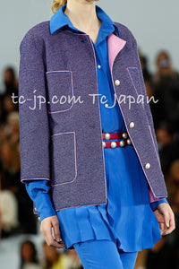 CHANEL 13S Indigo Navy Purple Pink Pearl Big CC Button Tweed Jacket Coat 38 シャネル インディゴ ネイビー パープル ピンク パール ビッグ CC ボタン ノーカラー ツイード ジャケット コート - TC JAPAN