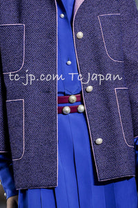 CHANEL 13S Indigo Navy Purple Pink Pearl Big CC Button Tweed Jacket Coat 38 シャネル インディゴ ネイビー パープル ピンク パール ビッグ CC ボタン ノーカラー ツイード ジャケット コート - TC JAPAN