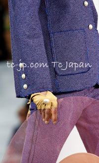 CHANEL 13S Indigo Navy Purple Pink Pearl Big CC Button Tweed Jacket Coat 38 シャネル インディゴ ネイビー パープル ピンク パール ビッグ CC ボタン ノーカラー ツイード ジャケット コート - TC JAPAN