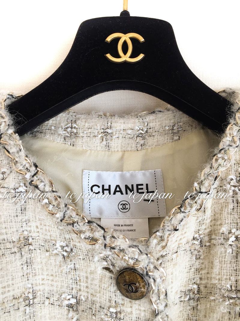 CHANEL 11A Ivory Creme Chain Braid Trimming Collarless Tweed Jacket 40 シャネル アイボリー クリーム チェーン ブレイド トリム ノーカラー ツイード ジャケット 即発