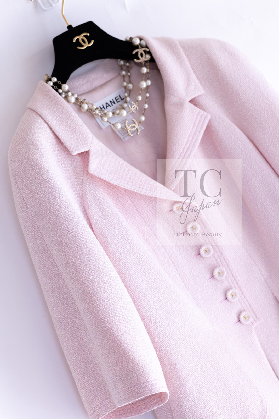 CHANEL 07S Pale Pink CC Button Silk Wool Jacket 40 シャネル 淡い ピンク CC ボタン シルク  ウール ジャケット 即発