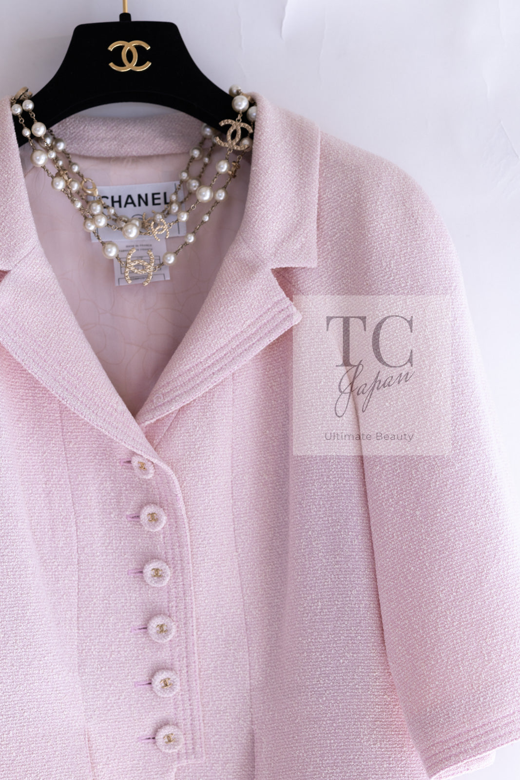 CHANEL 07S Pale Pink CC Button Silk Wool Jacket 40 シャネル 淡い ピンク CC ボタン シルク  ウール ジャケット 即発