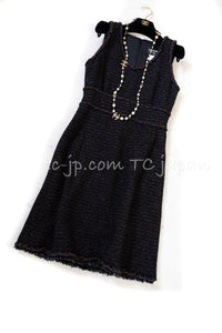 CHANEL 07PF Black Blue Metallic Braid Trim Wool Cashmere Tweed Dress 36 シャネル ブラック ブルー メタリック ブレイドトリム ウール カシミア ツイード ワンピース 即発