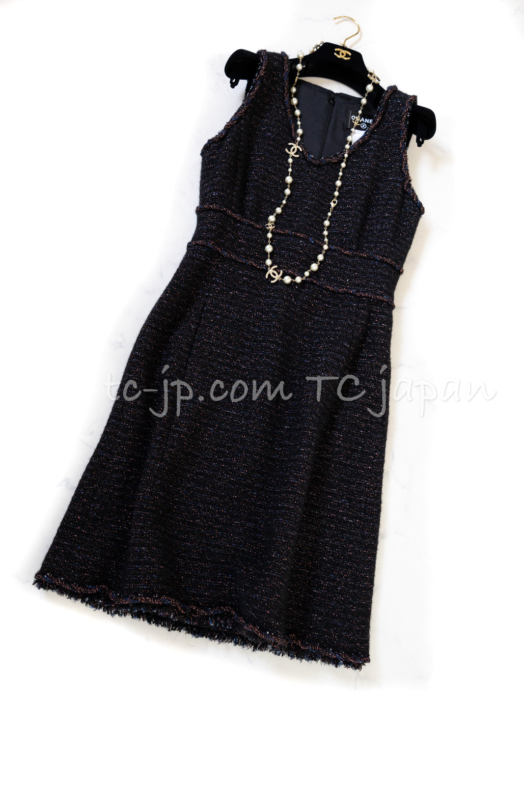 CHANEL 07PF Black Blue Metallic Braid Trim Wool Cashmere Tweed Dress 36 シャネル ブラック ブルー メタリック ブレイドトリム ウール カシミア ツイード ワンピース 即発