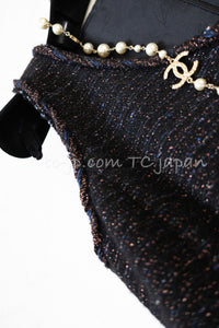 CHANEL 07PF Black Blue Metallic Braid Trim Wool Cashmere Tweed Dress 36 シャネル ブラック ブルー メタリック ブレイドトリム ウール カシミア ツイード ワンピース 即発