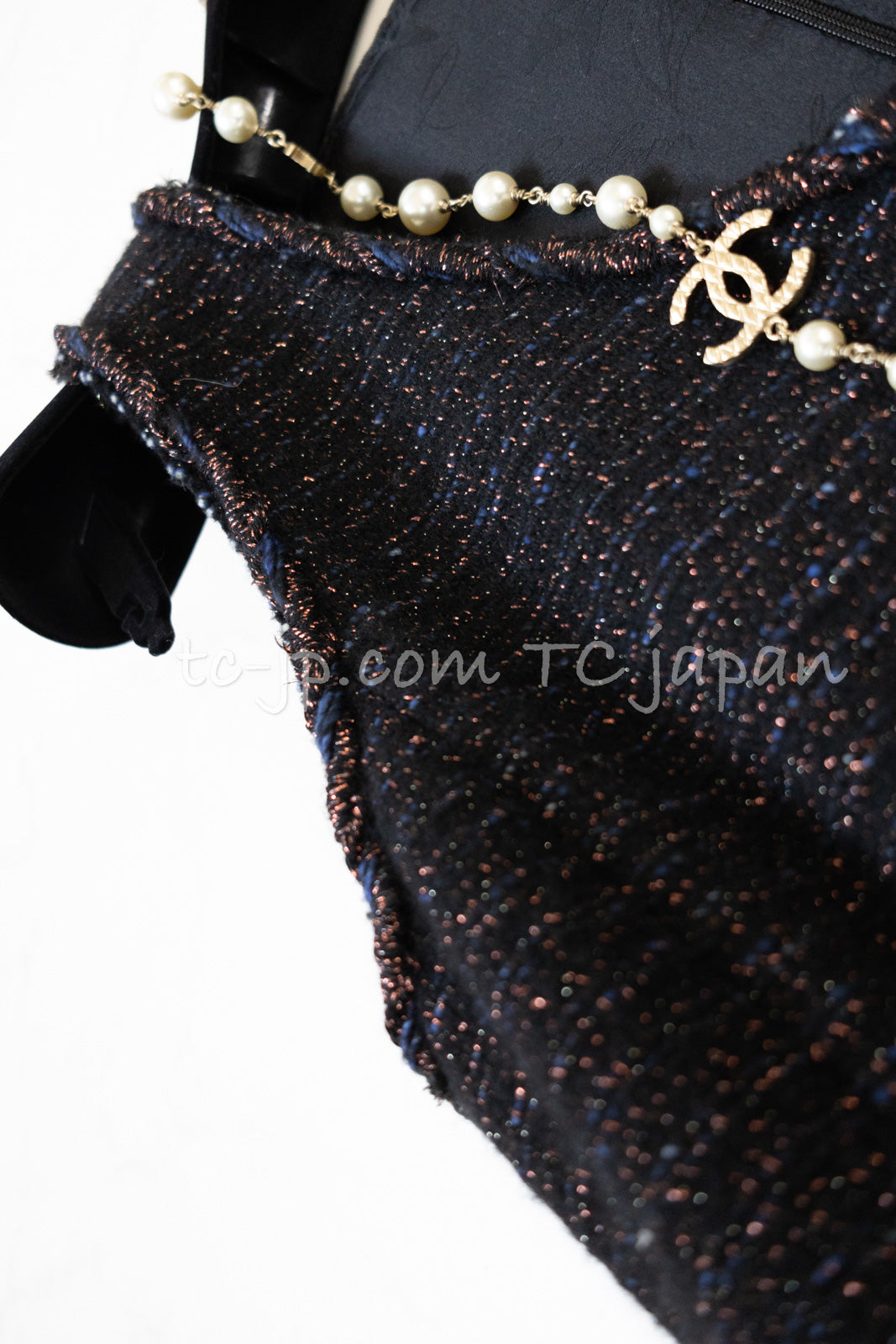 CHANEL 07PF Black Blue Metallic Braid Trim Wool Cashmere Tweed Dress 36 シャネル ブラック ブルー メタリック ブレイドトリム ウール カシミア ツイード ワンピース 即発