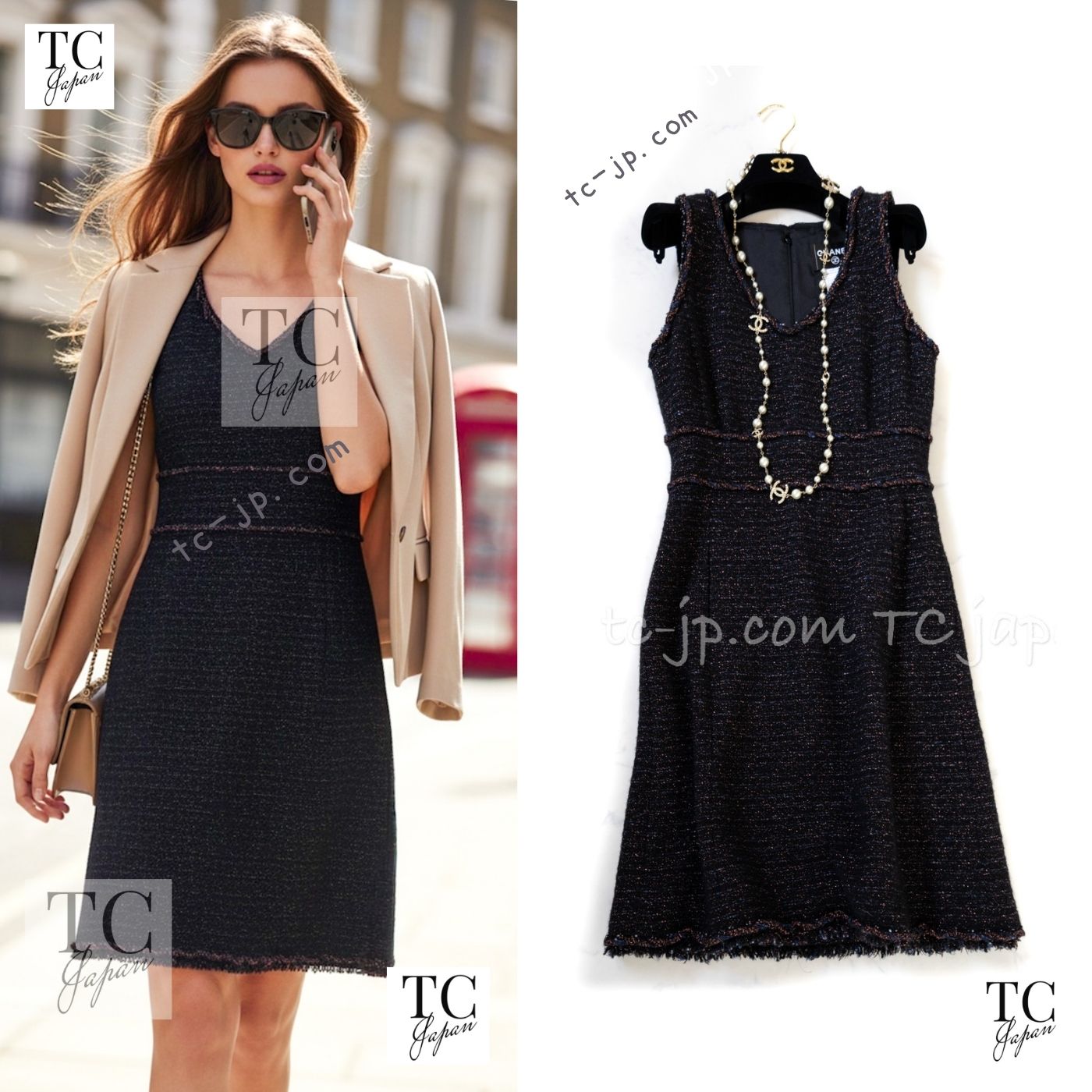 CHANEL 07PF Black Blue Metallic Braid Trim Wool Cashmere Tweed Dress 36 シャネル ブラック ブルー メタリック ブレイドトリム ウール カシミア ツイード ワンピース 即発