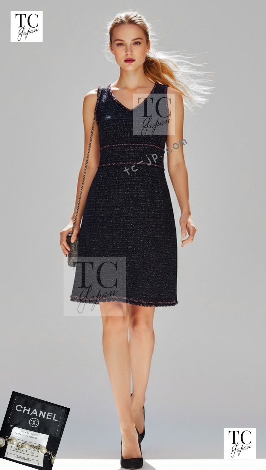 CHANEL 07PF Black Blue Metallic Braid Trim Wool Cashmere Tweed Dress 36 シャネル ブラック ブルー メタリック ブレイドトリム ウール カシミア ツイード ワンピース 即発