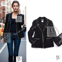 CHANEL 06S Black Metallic Chain Trim Tweed Jacket 38 シャネル ブラック メタリック チェーン トリム ツイード ジャケット 即発