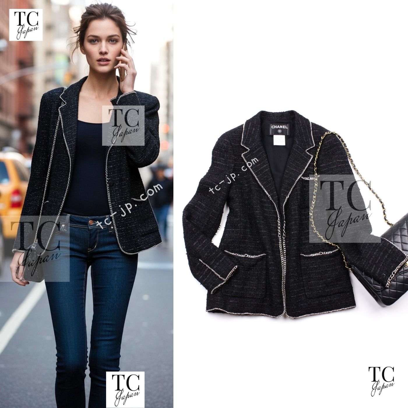 CHANEL 06S Black Metallic Chain Trim Tweed Jacket 38 シャネル ブラック メタリック チェーン トリム ツイード ジャケット 即発