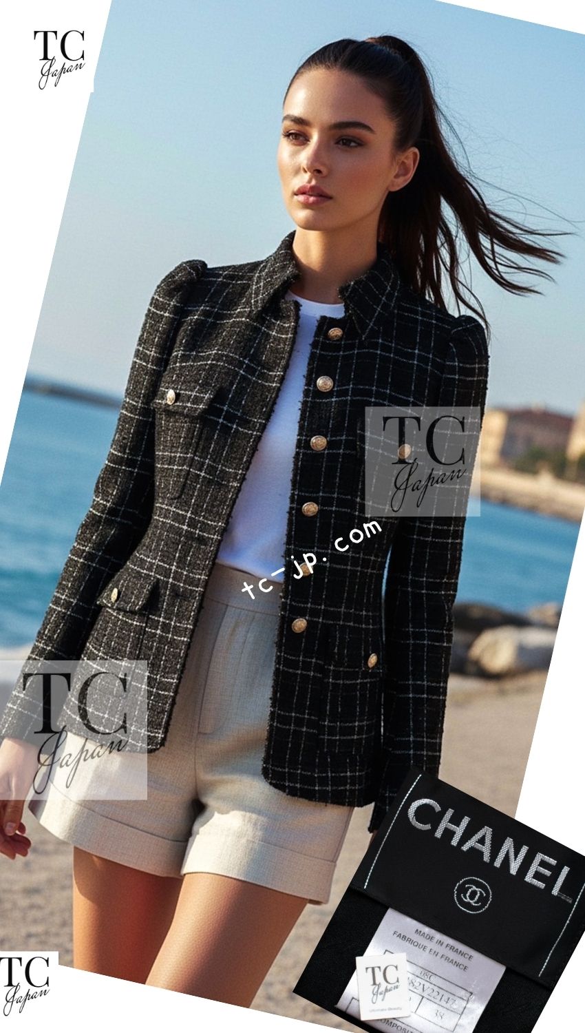 CHANEL Jacket 08C Black Silver Gold Checked Tweed 38 for Customers