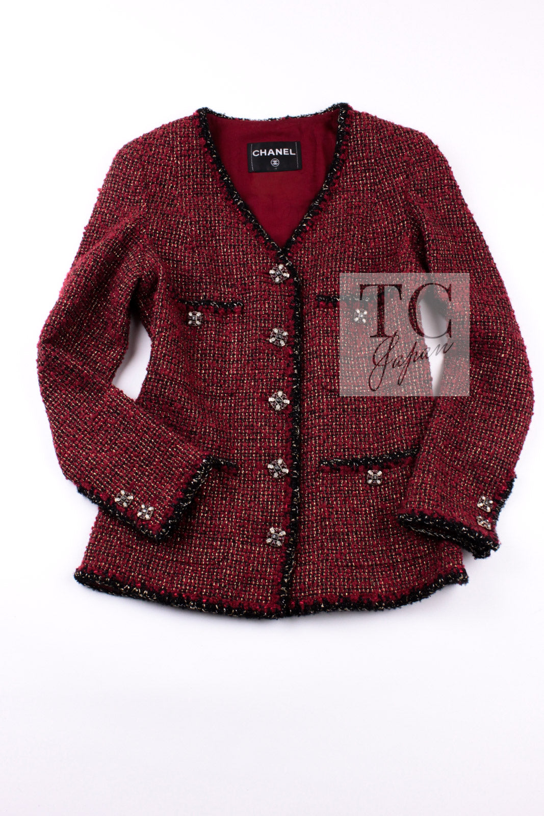 CHANEL Jacket 11A Red Black Gold Metallic Fantasy Tweed 40