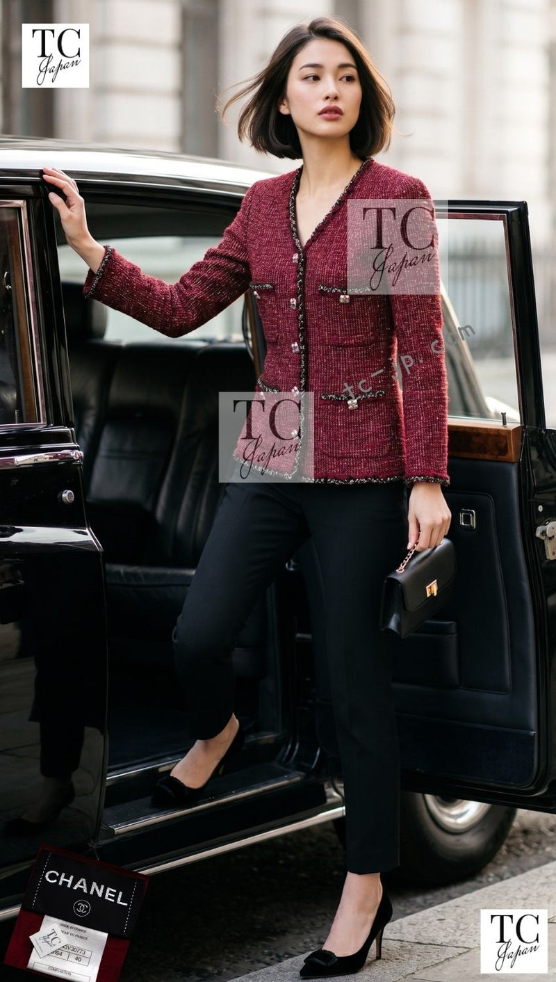 CHANEL 11A Red Black Metallic Fantasy Tweed Jacket 38 40 シャネル レッド ブラック メタリック ファンタジー ツイード ジャケット 即発