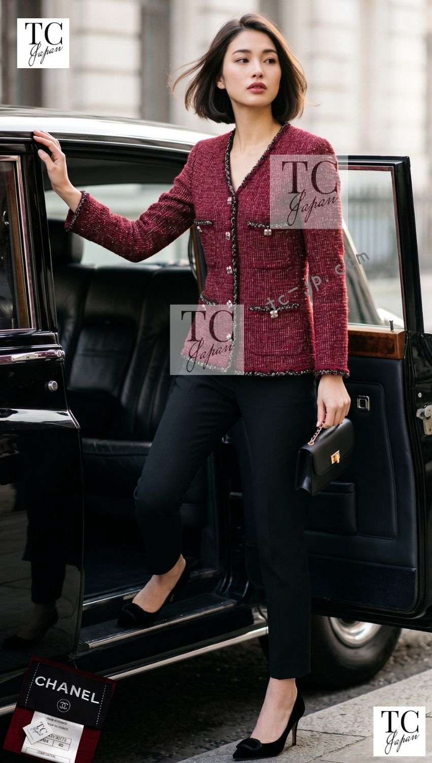 CHANEL 11A Black Red Metallic Fantasy Wool Tweed Jacket 34 36 38 シャネル ブラック レッド メタリック ファンタジー ウール ツイード ジャケット