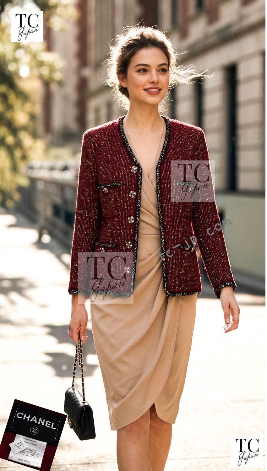 CHANEL 11A Red Black Metallic Fantasy Tweed Jacket 38 40 シャネル レッド ブラック メタリック ファンタジー ツイード ジャケット 即発