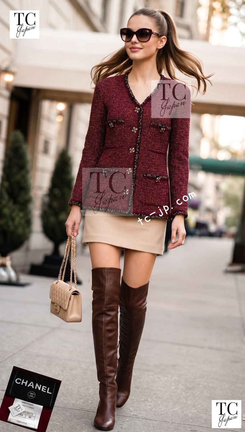CHANEL Cape Coat Black Red Trim Metallic Tweed Poncho 38