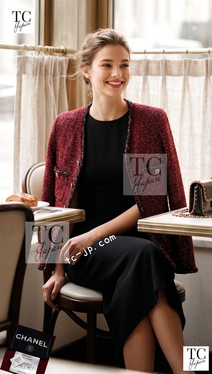 CHANEL 11A Black Red Metallic Fantasy Wool Tweed Jacket 34 36 38 シャネル ブラック レッド メタリック ファンタジー ウール ツイード ジャケット