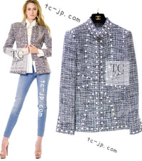 CHANEL 03A Gray Multicolor White Studded Stand Collar Tweed Jacket 36 シャネル グレー マルチカラー ホワイト スタッズ スタンド襟 ツイード ジャケット 即発