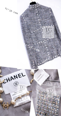 CHANEL 03A Gray Multicolor White Studded Stand Collar Tweed Jacket 36 シャネル グレー マルチカラー ホワイト スタッズ スタンド襟 ツイード ジャケット 即発