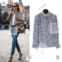 CHANEL 03A Gray Multicolor White Studded Stand Collar Tweed Jacket 36 シャネル グレー マルチカラー ホワイト スタッズ スタンド襟 ツイード ジャケット 即発