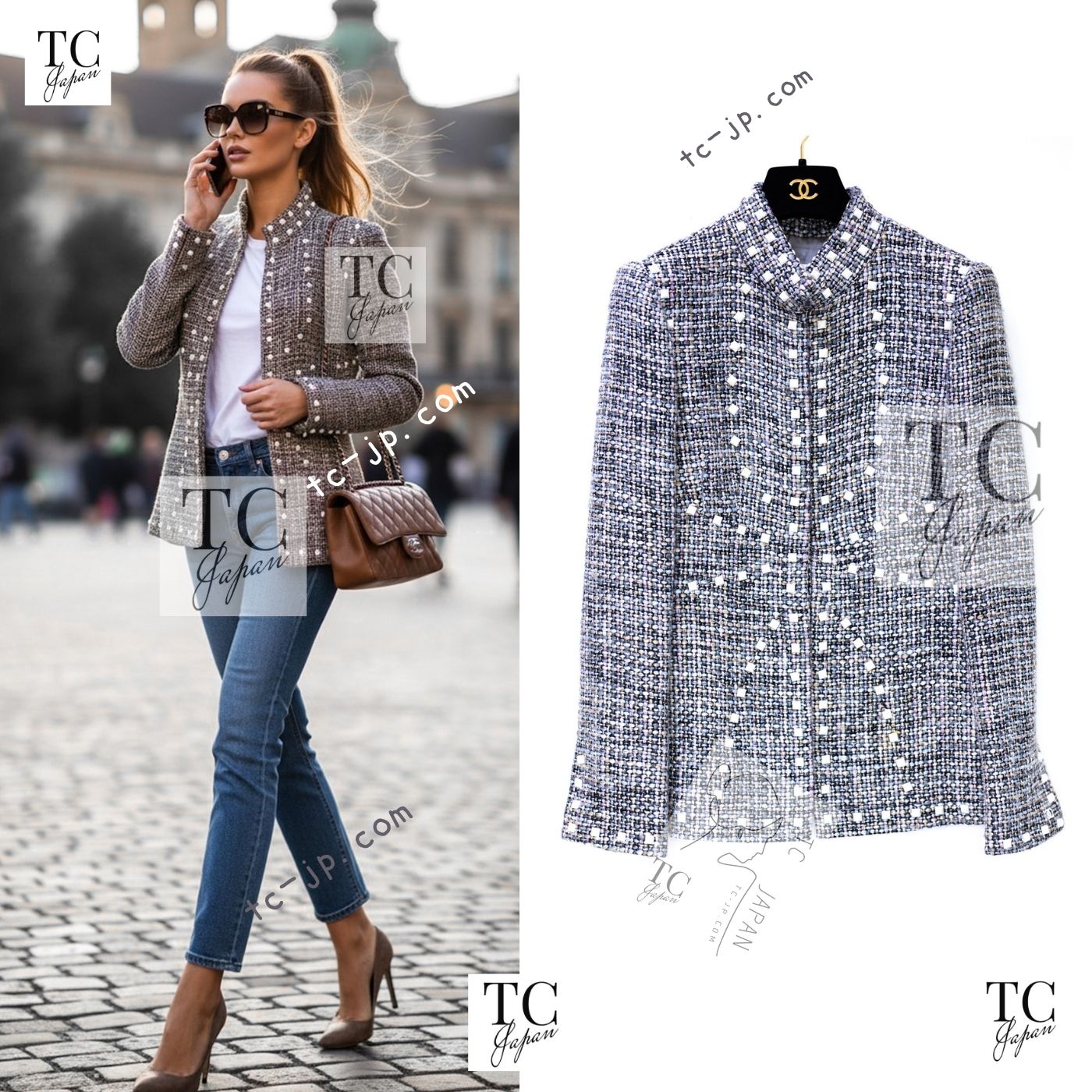 CHANEL 03A Gray Multicolor White Studded Stand Collar Tweed Jacket 36 シャネル グレー マルチカラー ホワイト スタッズ スタンド襟 ツイード ジャケット 即発