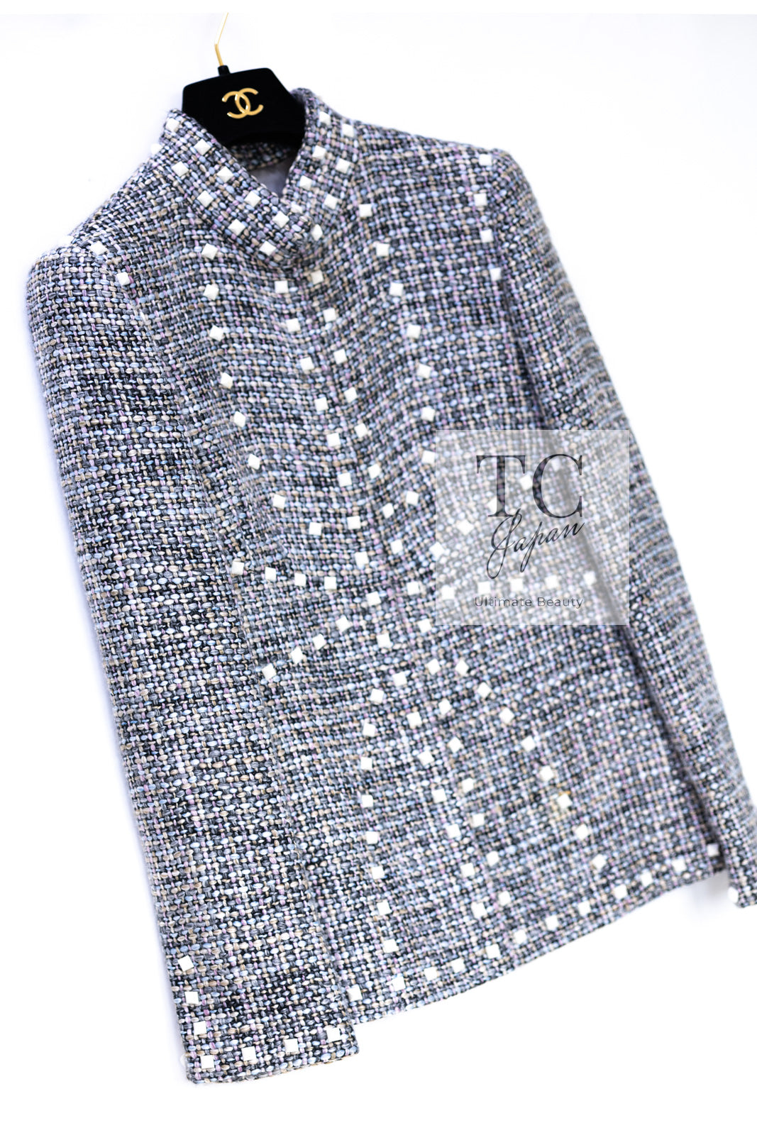 CHANEL 03A Gray Multicolor White Studded Stand Collar Tweed Jacket 36 シャネル  グレー マルチカラー ホワイト スタッズ スタンド襟 ツイード ジャケット 即発