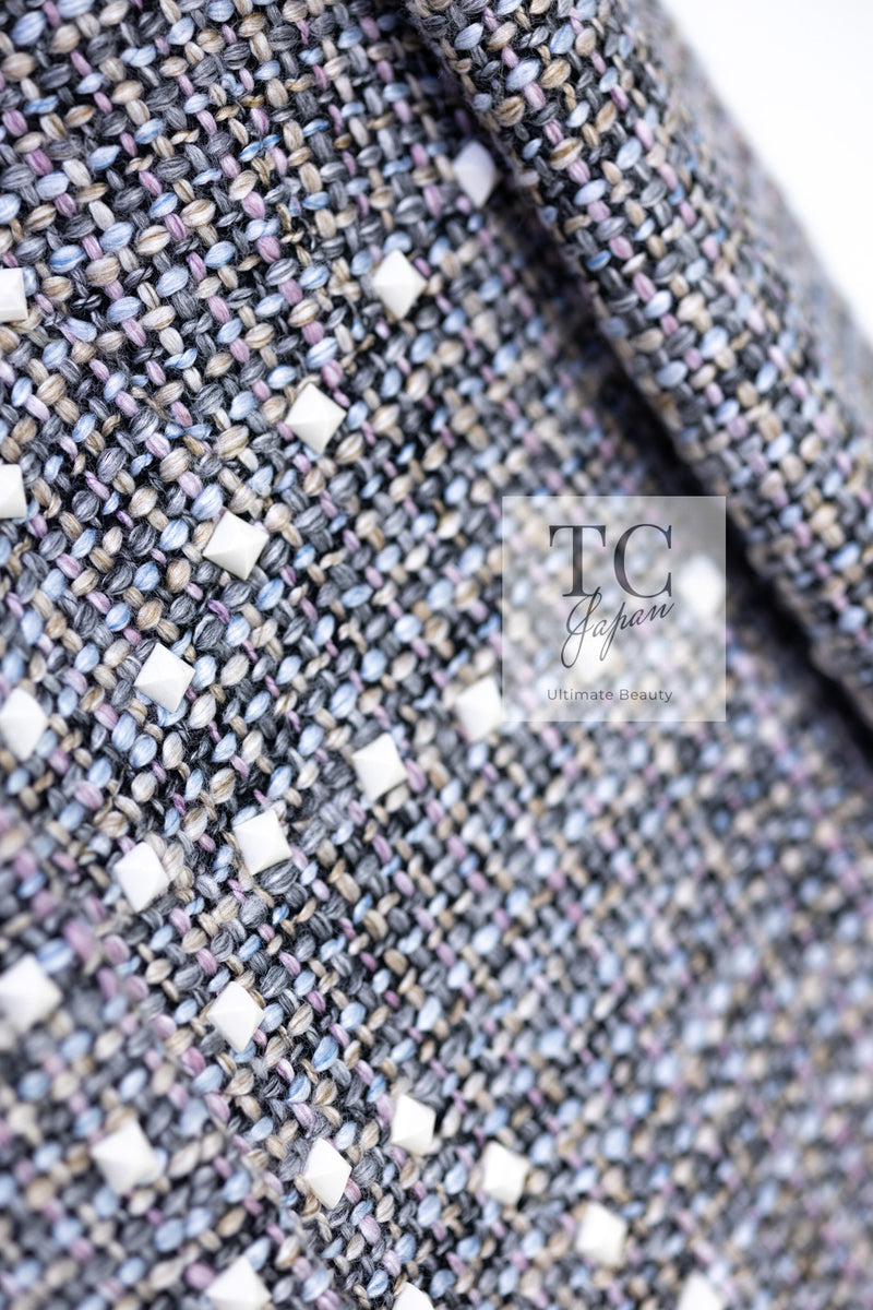 CHANEL 03A Gray Multicolor White Studded Stand Collar Tweed Jacket 36 シャネル グレー マルチカラー ホワイト スタッズ スタンド襟 ツイード ジャケット 即発