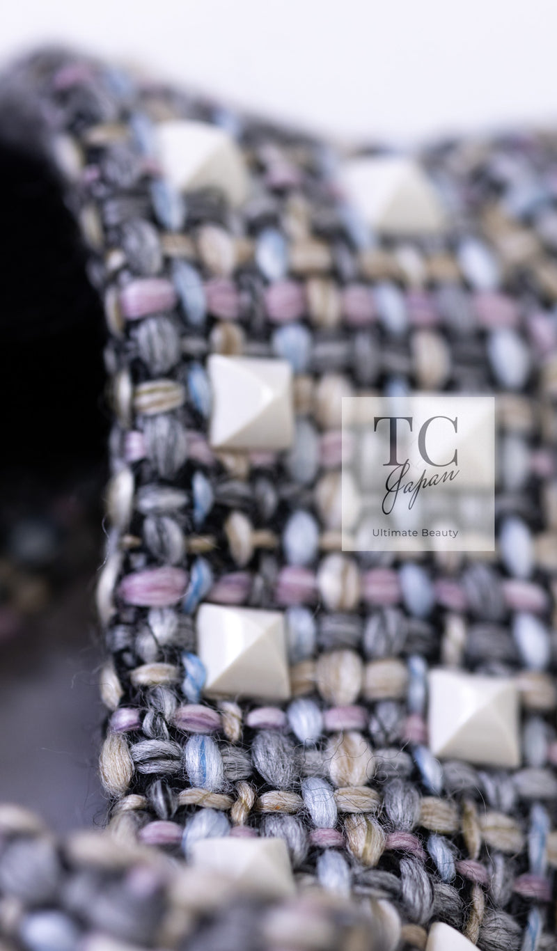 CHANEL 03A Gray Multicolor White Studded Stand Collar Tweed Jacket 36 シャネル グレー マルチカラー ホワイト スタッズ スタンド襟 ツイード ジャケット 即発