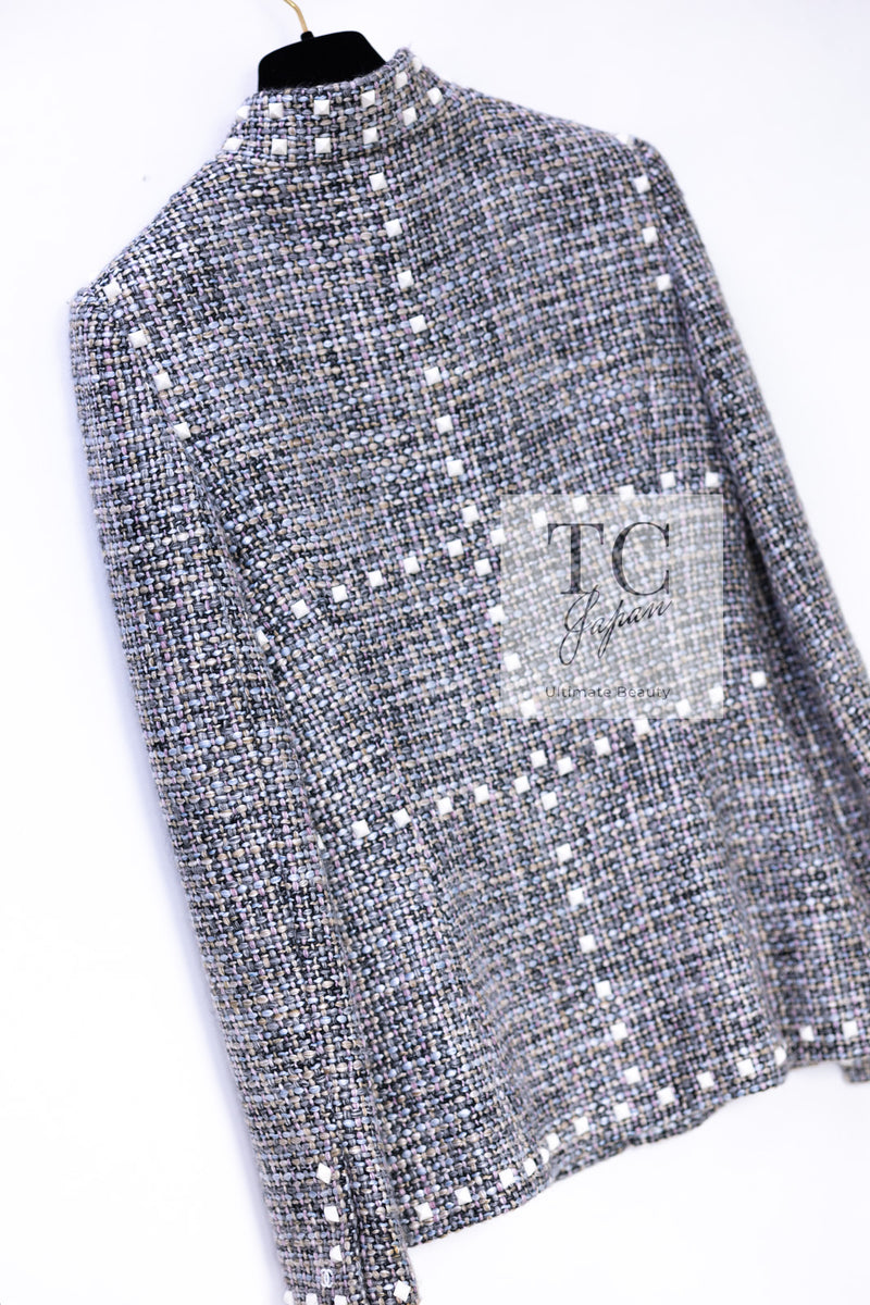 CHANEL 03A Gray Multicolor White Studded Stand Collar Tweed Jacket 36 シャネル グレー マルチカラー ホワイト スタッズ スタンド襟 ツイード ジャケット 即発