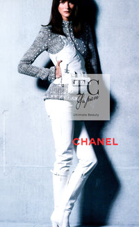 CHANEL 03A Gray Multicolor White Studded Stand Collar Tweed Jacket 36 シャネル グレー マルチカラー ホワイト スタッズ スタンド襟 ツイード ジャケット 即発