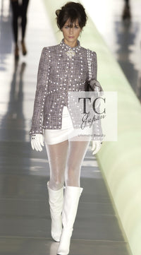 CHANEL 03A Gray Multicolor White Studded Stand Collar Tweed Jacket 36 シャネル グレー マルチカラー ホワイト スタッズ スタンド襟 ツイード ジャケット 即発