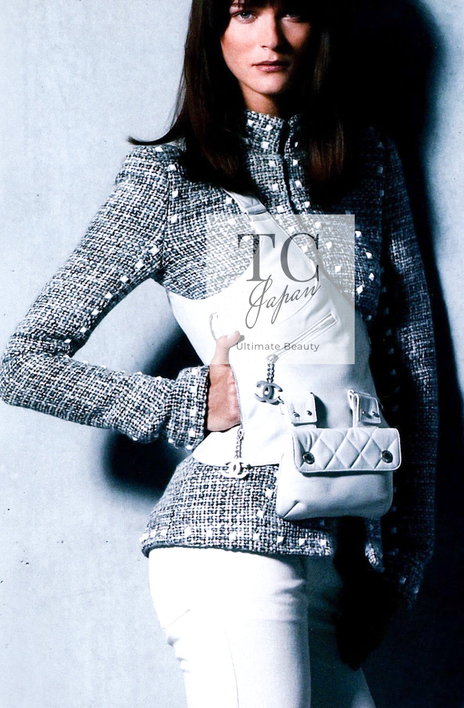 CHANEL 03A Gray Multicolor White Studded Stand Collar Tweed Jacket 36 シャネル グレー マルチカラー ホワイト スタッズ スタンド襟 ツイード ジャケット 即発 - TC JAPAN