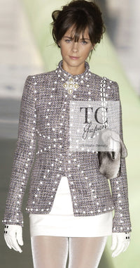 CHANEL 03A Gray Multicolor White Studded Stand Collar Tweed Jacket 36 シャネル グレー マルチカラー ホワイト スタッズ スタンド襟 ツイード ジャケット 即発 - TC JAPAN