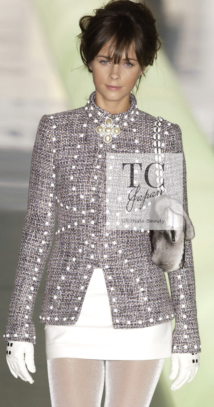 CHANEL 03A Gray Multicolor White Studded Stand Collar Tweed Jacket 36 シャネル グレー マルチカラー ホワイト スタッズ スタンド襟 ツイード ジャケット 即発 - TC JAPAN