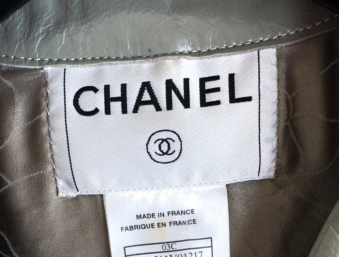 CHANEL 03C Gray Moss Calfskin Leather Camellia Jacket 38 シャネル モス グレー カメリア カーフスキン レザー ジャケット 即発