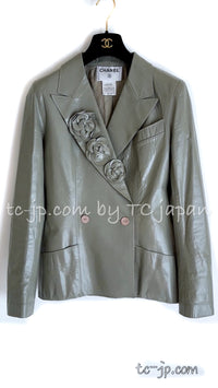 CHANEL 03C Gray Moss Calfskin Leather Camellia Jacket 38 シャネル モス グレー カメリア カーフスキン レザー ジャケット 即発