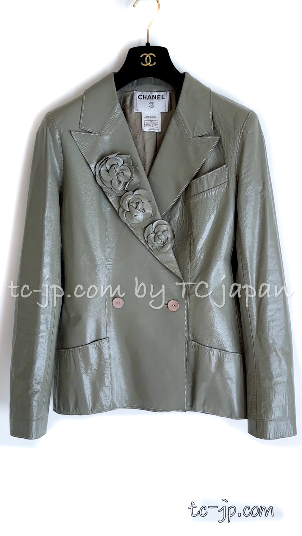 CHANEL 03C Gray Moss Calfskin Leather Camellia Jacket 38 シャネル モス グレー カメリア カーフスキン レザー ジャケット 即発