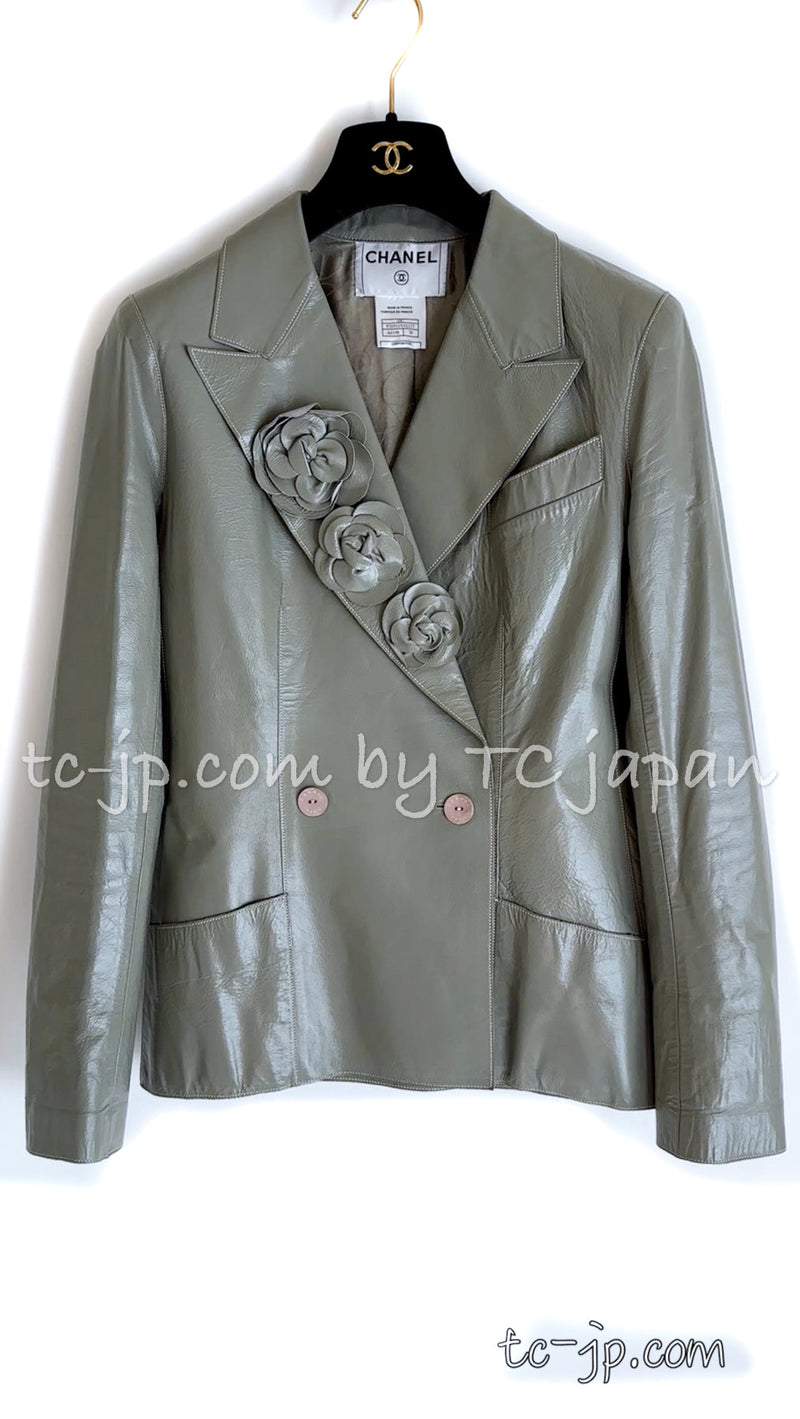CHANEL 03C Gray Moss Calfskin Leather Camellia Jacket 38 シャネル モス グレー カメリア カーフスキン レザー ジャケット 即発