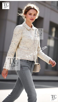 CHANEL 03C Ivory Blue Mix Wool Tweed Jacket 34 36 シャネル アイボリー ブルー ミックス ツイード ジャケット 即発