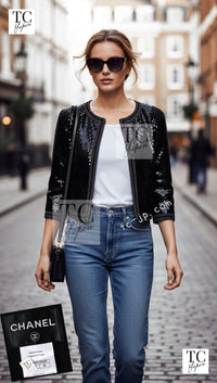 CHANEL 13C Black Sequins Cropped Party Zipper Jacket Keira Knightley 34 36 シャネル ブラック スパンコール クロップド丈 パーディー ジッパー ジャケット キーラ・ナイトレイ 着用 即発