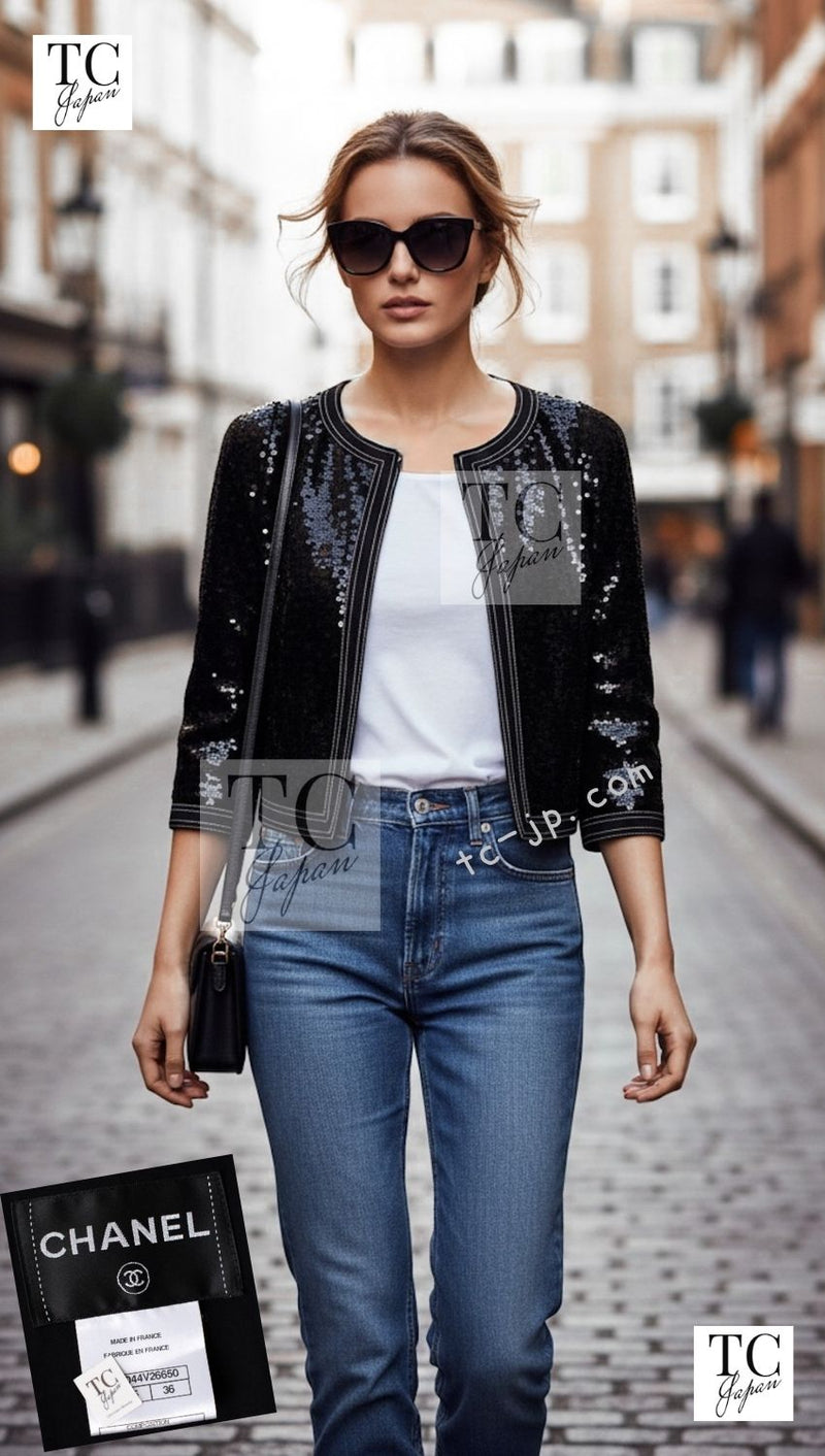 CHANEL 13C Black Sequins Cropped Party Zipper Jacket Keira Knightley 34 36 シャネル ブラック スパンコール クロップド丈 パーディー ジッパー ジャケット キーラ・ナイトレイ 着用 即発
