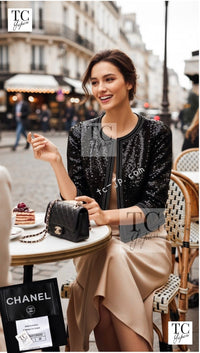 CHANEL 13C Black Sequins Cropped Party Zipper Jacket Keira Knightley 34 36 シャネル ブラック スパンコール クロップド丈 パーディー ジッパー ジャケット キーラ・ナイトレイ 着用 即発