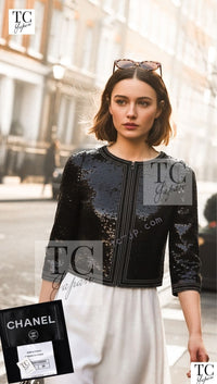 CHANEL 13C Black Sequins Cropped Party Zipper Jacket Keira Knightley 34 36 シャネル ブラック スパンコール クロップド丈 パーディー ジッパー ジャケット キーラ・ナイトレイ 着用 即発